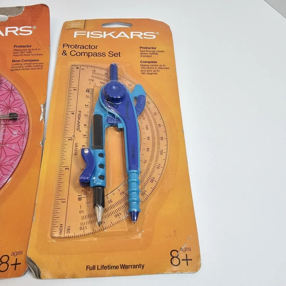 Fiskars Compass Protractor Set‎ Lot One Metal One Plastic Geometry Kit New